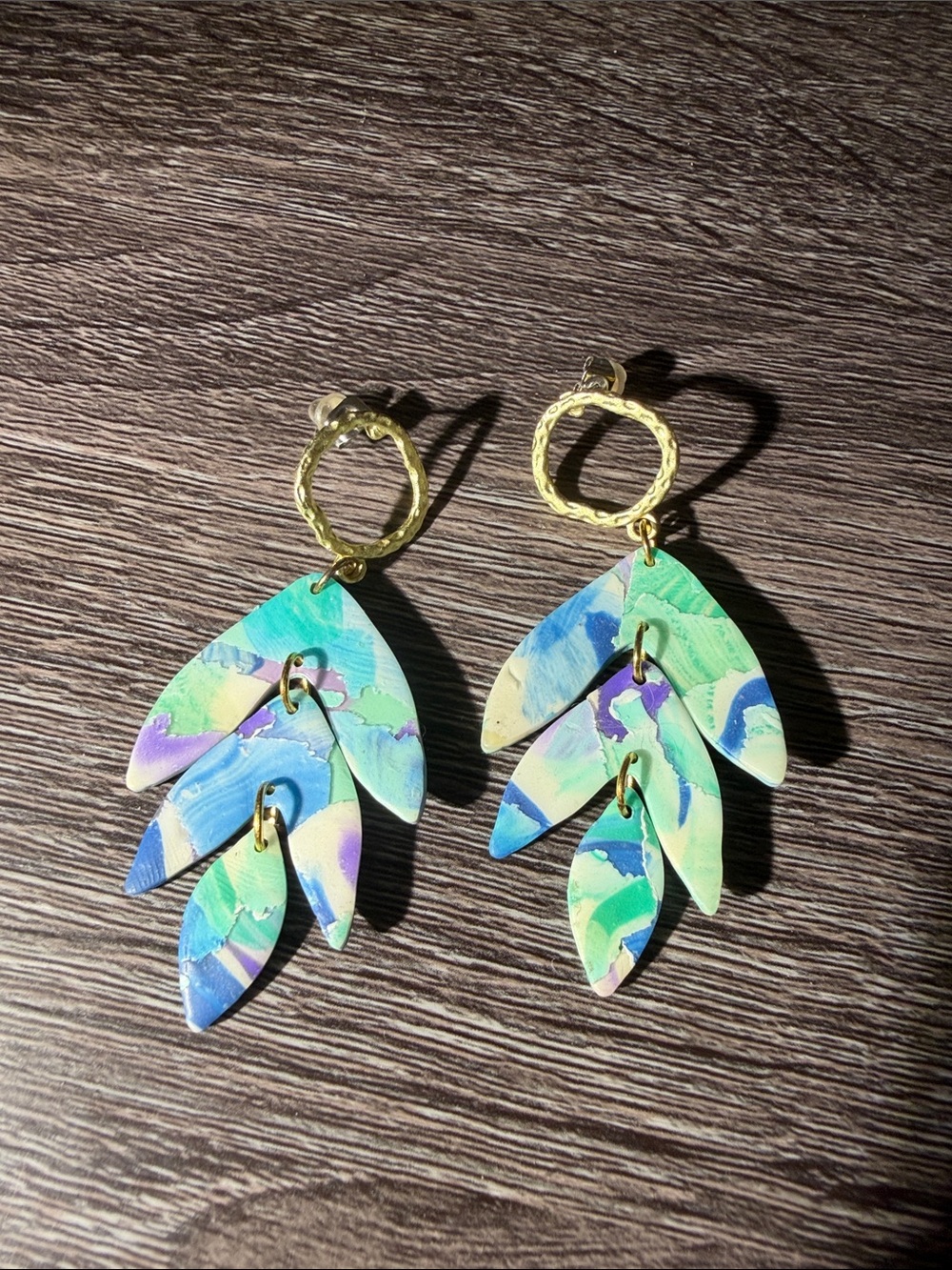 Handmade Clay Green & Blue Leaf Drop Earrings - Lightweight Women’s Jewelry